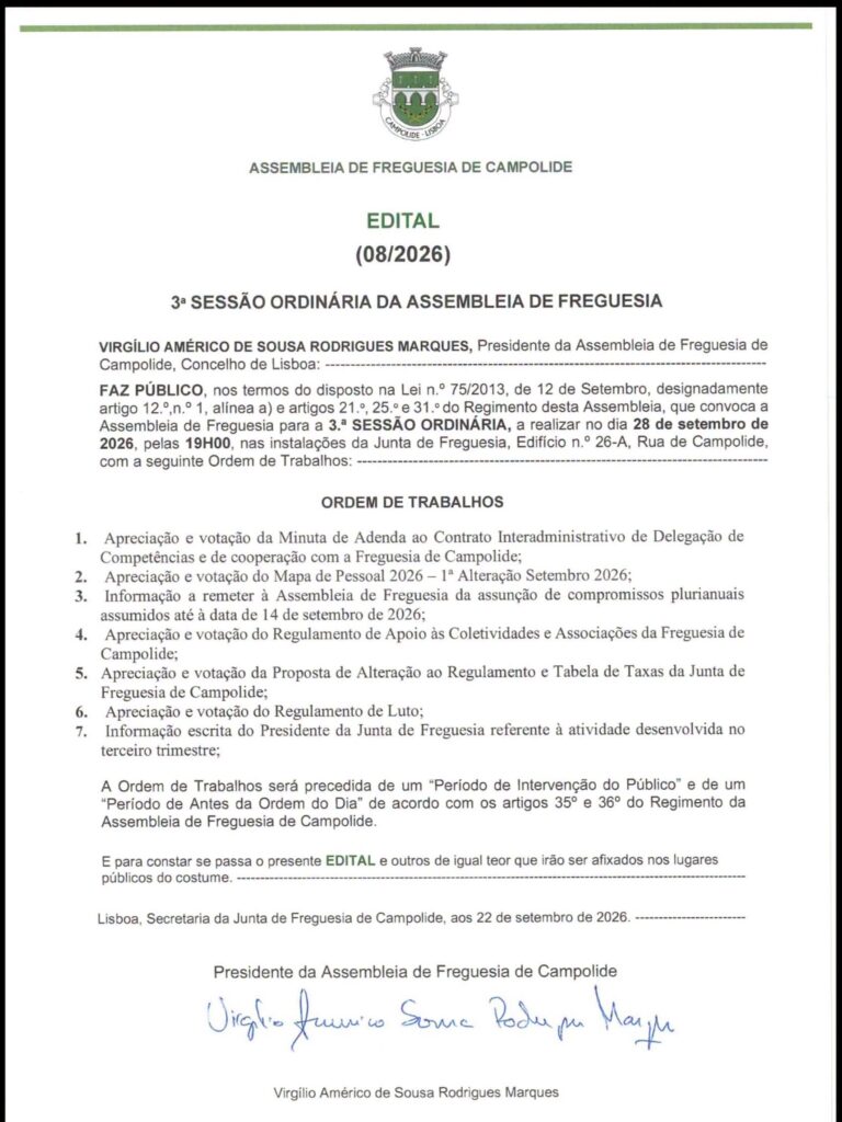 3ª Sessão Ordinária da Assembleia de Freguesia (08/2026)
