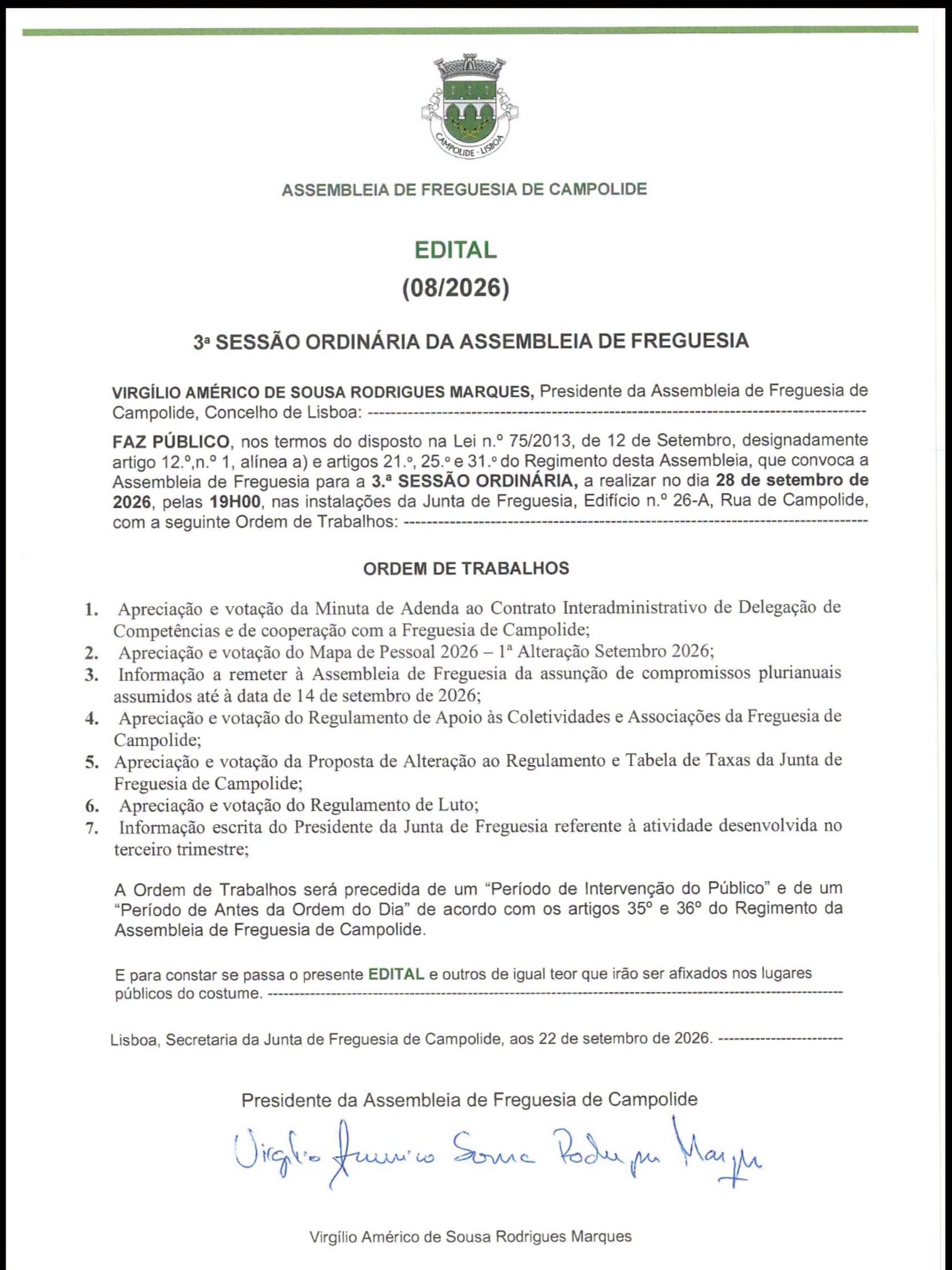 3ª Sessão Ordinária da Assembleia de Freguesia (08/2026)